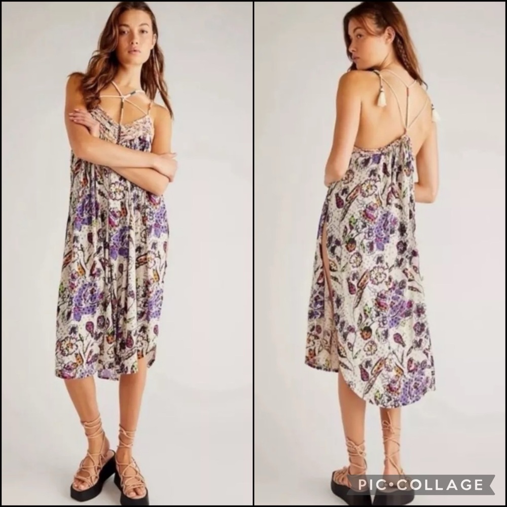 Free People Embroidered Floral Side Slit Tunic Blouse Top Midi Dress Cover-Up